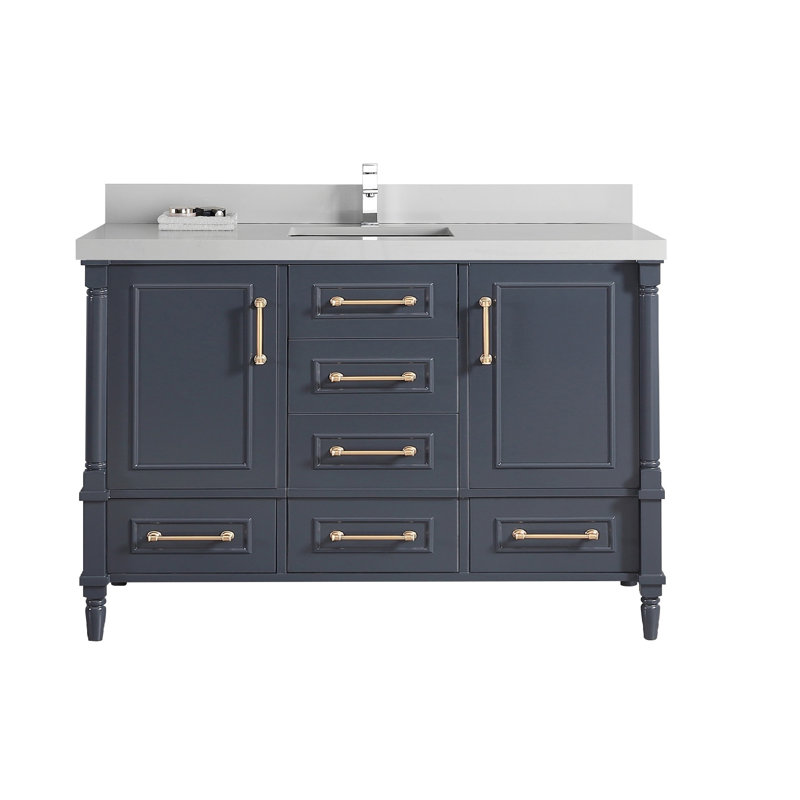 Ensemble de meuble-lavabo simple 60 po Flavell, Quartz de Carrare, bordure droite, Bleu marine Hale