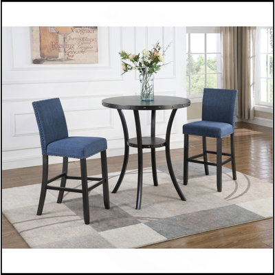 Biony 3-Piece 36" Round Espresso Finish Bar Table With 2 Fabric Nail Head Pub Chairs