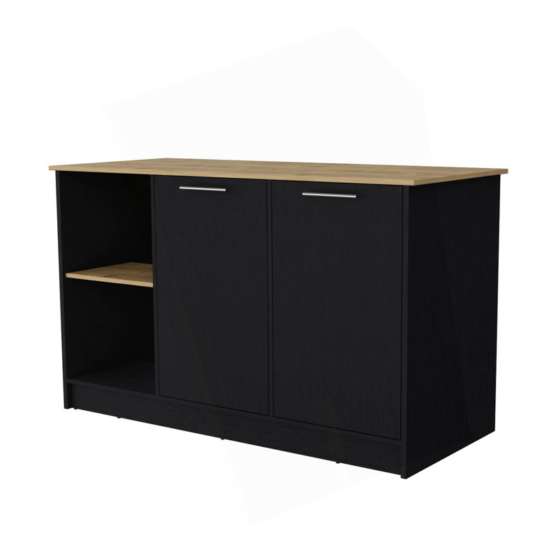 Mercury Kitchen Island With Spacious Countertop, Double Door Cabinets, And 2 Open Storage Shelves, Black