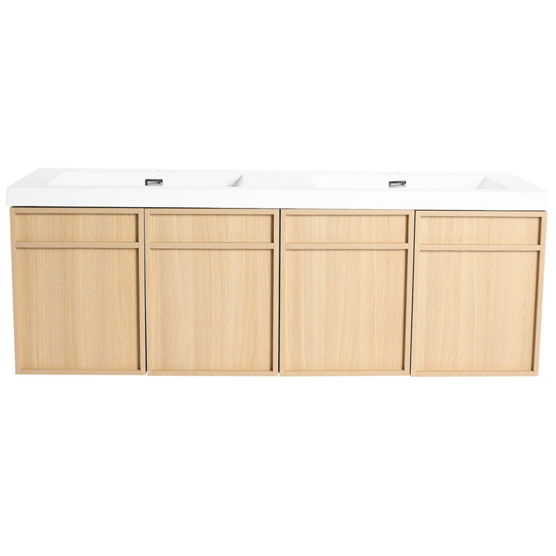 Meuble-lavabo mural de 60 po de conception américaine avec double lavabo en résine, portes à fermeture douce, contreplaqué de chêne pour une utilisation centrée sur 4 lignes épurées