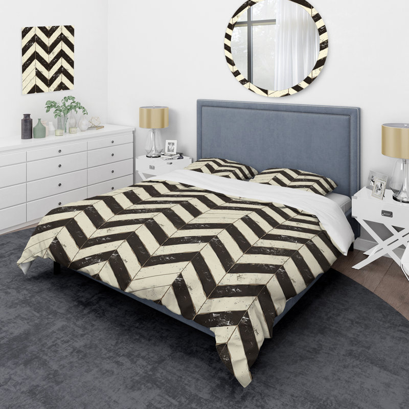 Ensemble de housse de couette moderne à motif de chevrons brun et blanc II, Housse de couette simple et deux taies décorative