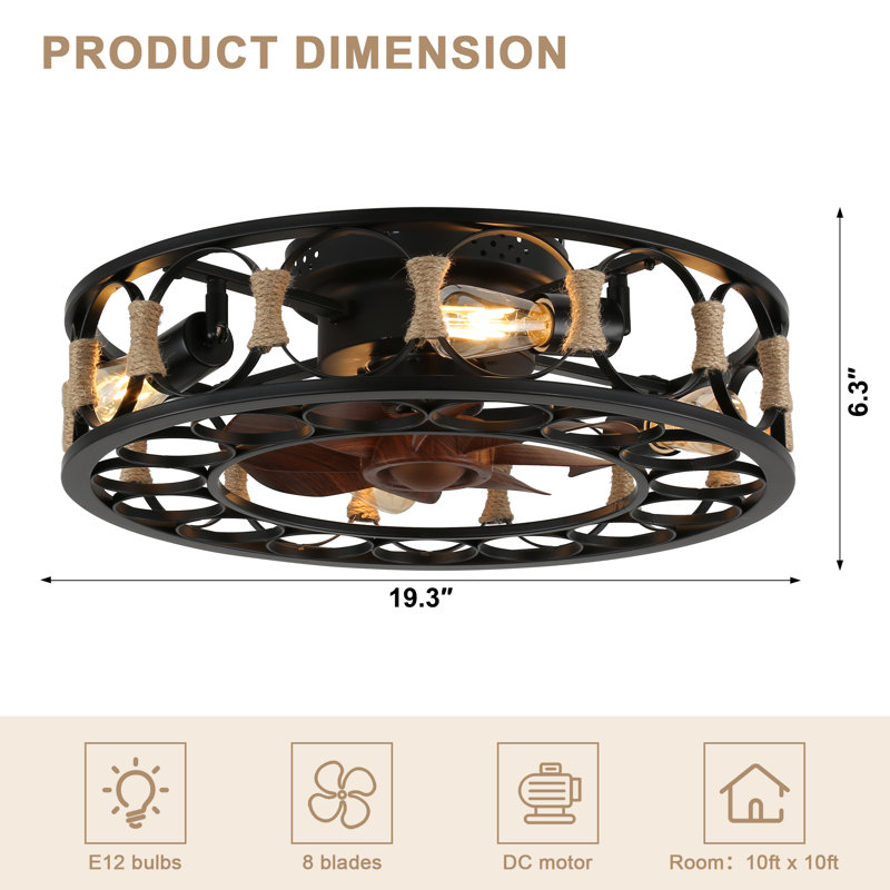 Ventilateur de plafond encastré 19 po avec lumières et télécommande Magdelana