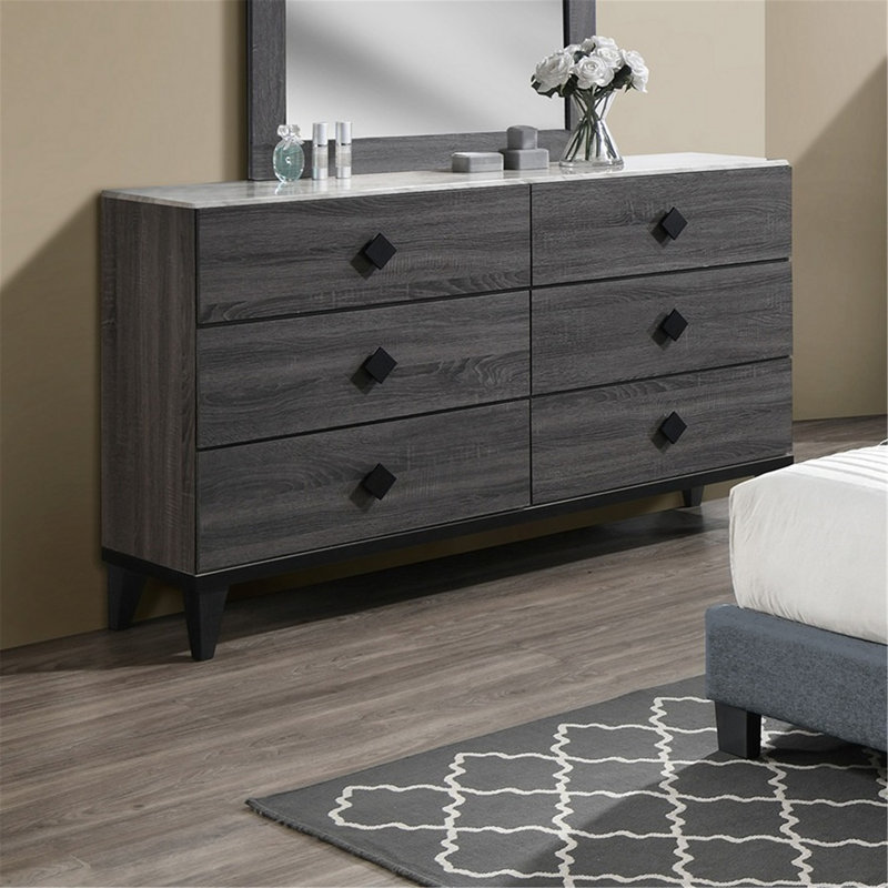 Commode de chambre à coucher avec plateau en faux marbre et 6 tiroirs de rangement, Gris
