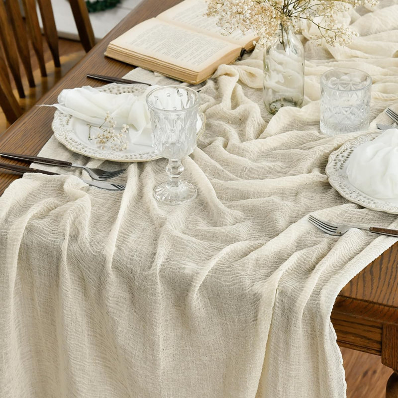 Beige 2PCS Boho Gauze Wedding Cheesecloth Table Runner 300 cm | Seasonal Bridal Fabric Kitchen Dining Holiday Table Decor for Home Party