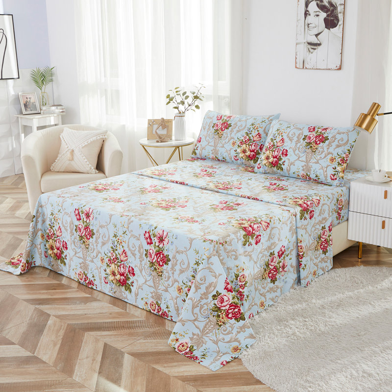 Ensemble de draps-housse 100% coton égyptien, ensemble de literie 4 pièces rose rouge 800 fils en bleu clair, pour chambre d'amis