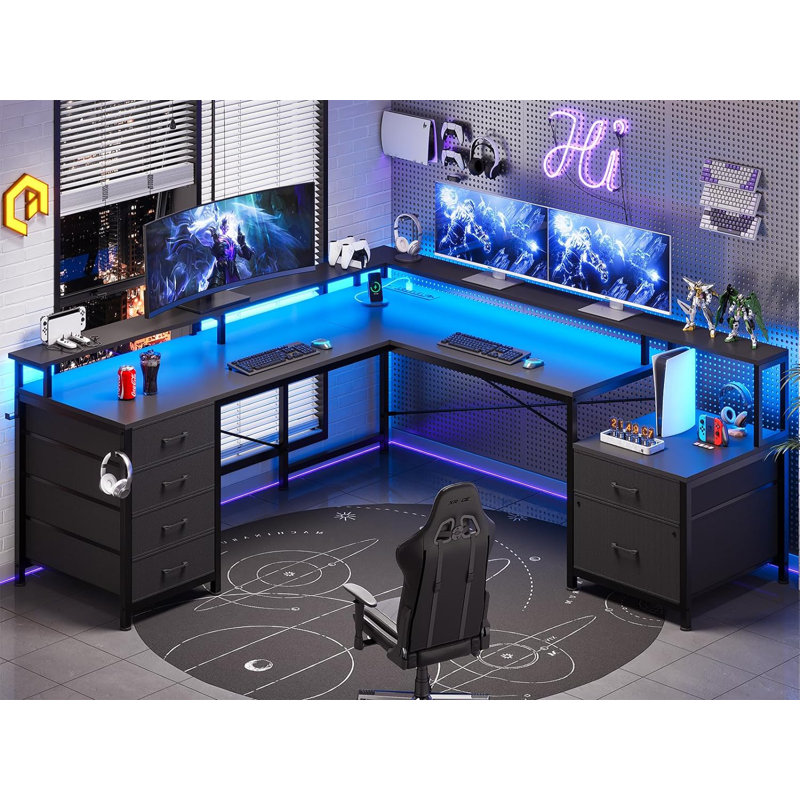 Rockville 108.2'' W L-Shaped Computer Desk with Drawers and Power Outlets, Black