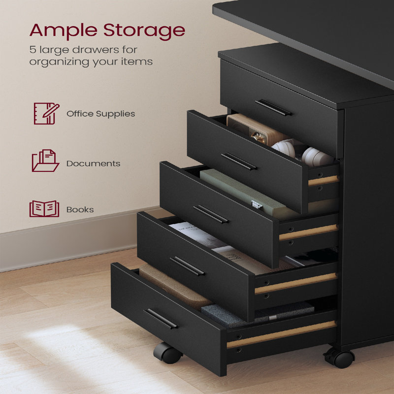 5 Drawers Filing Cabinet With Wheels, Black