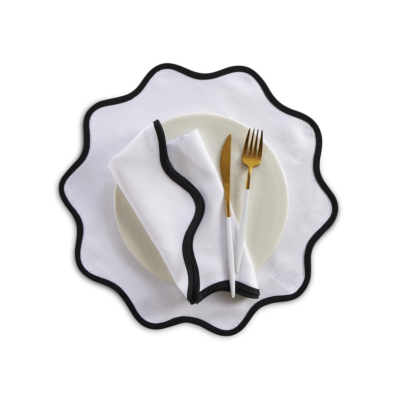 Giselle Scallop Edge - 100% Pure Linen Dinner Napkins, Black/White, 16" Round