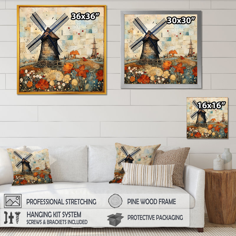 Art mural rétro vintage, Windmillscape 2 - Éoliennes, H 30 po x l 30 po x P 1,5 po, Cadre simple noir
