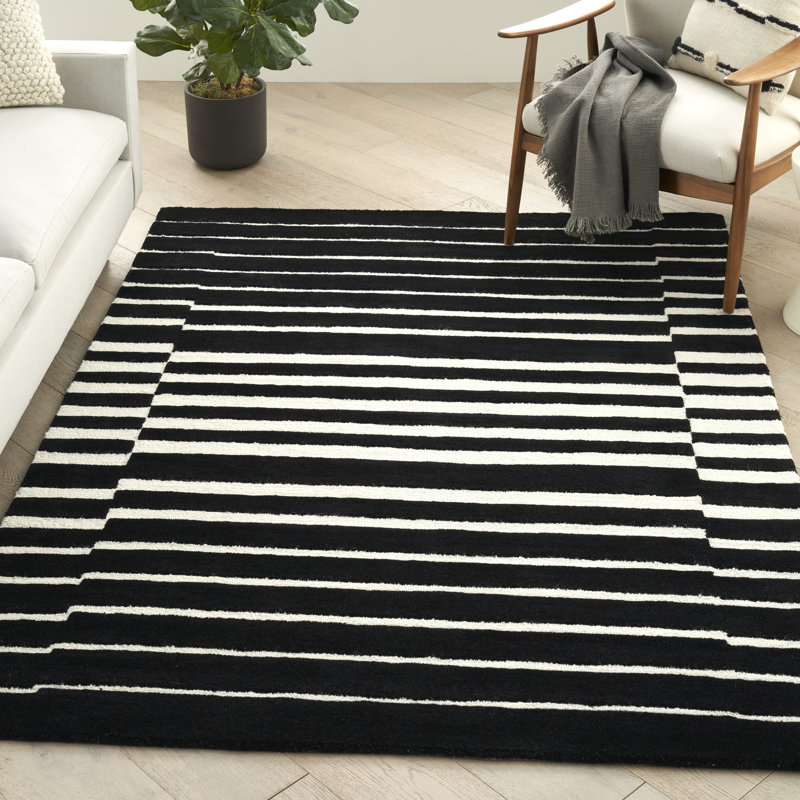 Tapis noir fait à la main de style Mid-Century, Rectangle 5 pi x 7 pi