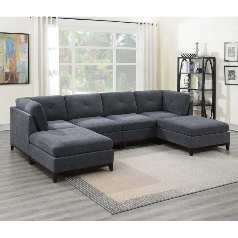 Canapé modulaire 6 pièces avec chenille et coussin en tissu gris cendré