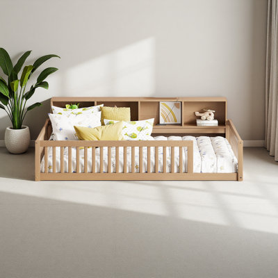 Wood Twin XL Size Floor Bed With Storage Cabinets And USB Ports