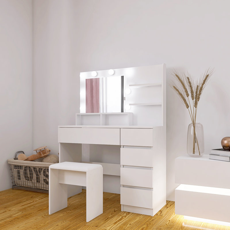 Makeup Vanity Desk Set with Mirror, Lights, and Storage with Power Strip