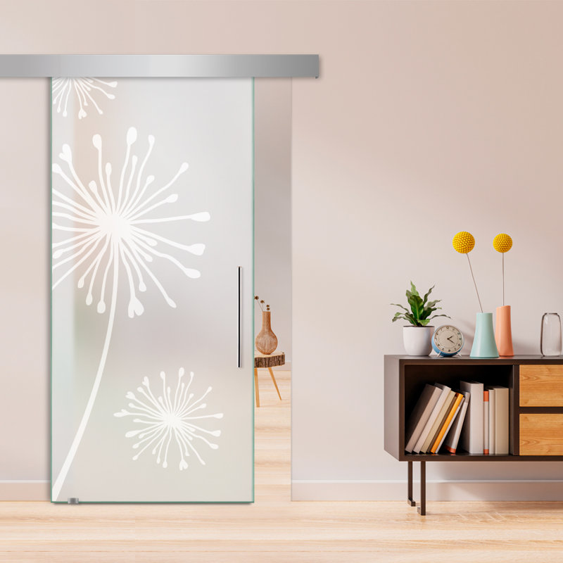 Porte de grange coulissante en verre sans cadre avec design moderne sablé + ensemble de quincaillerie (double-privée)