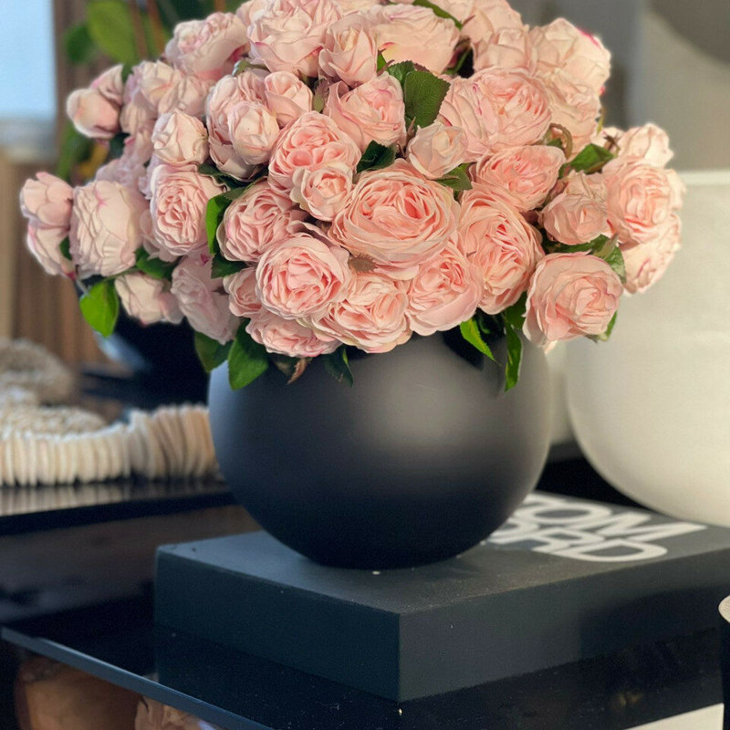 Blush English Roses In Matte Black Fishbowl Vase, Black, Pink