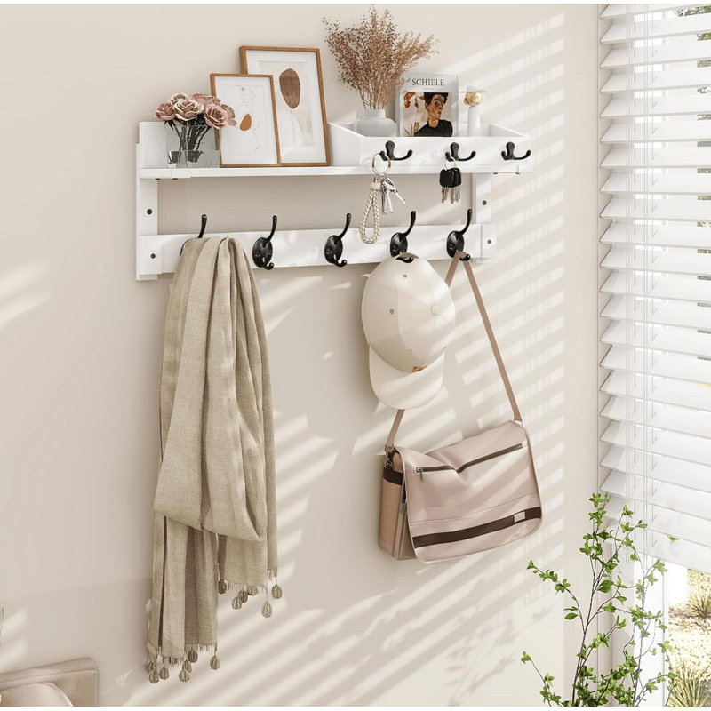 Coat Rack With Hooks, Wall Mount With Key And Mail Holder, 26 Inch Long Coat Hanger - Wood Entryway Shelf, White