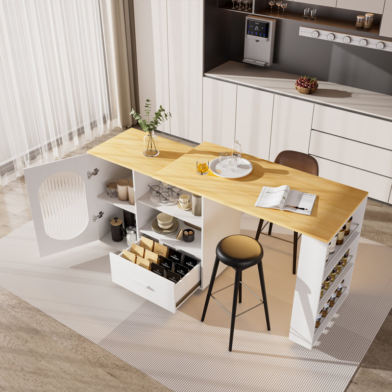 Kitchen Island With Extendable Dining Table For 1-2, Movable Kitchen Island With Storage Cabinet, Drawer, Side Spice Rack, Open Shelves And Led Lights