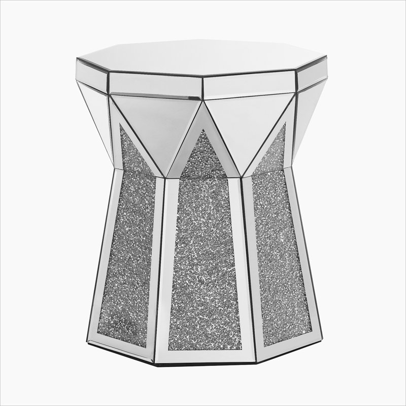 Table basse de style tambour avec incrustation de cristal miroir, table décorative argentée Polygonal