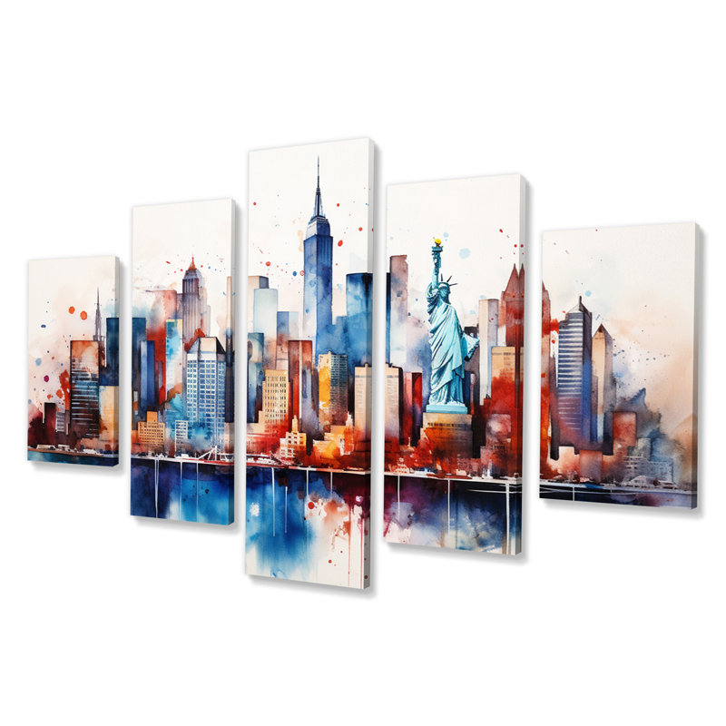 «Dreamy New York Scenery Retro Watercolor III», décoration murale City New York - 5 panneaux
