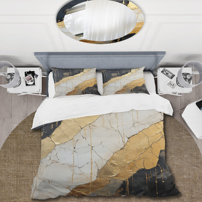Ensemble de housse de couette en or noir orné de poteries abstraites «V», Housse de couette très grand et 2 très grandes t