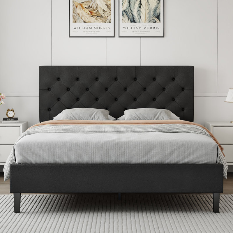 Bed Frame with Headboard, Upholstered Platform Bed with Button Tufted Desigh, Black, Full