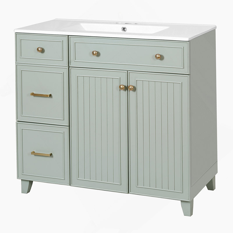 Meuble-lavabo moderne avec lavabo en céramique, plusieurs tiroirs, tablettes réglables, portes à fermeture en douceur pour un rangement efficace dans les petites et moyennes salles de bain