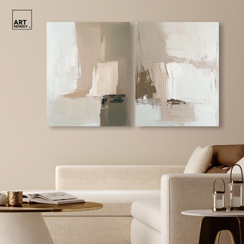 Ensemble de 2 décorations murales en toile Harmony Beige & White par Art Remedy, tendue sur châssis, 24 x 30