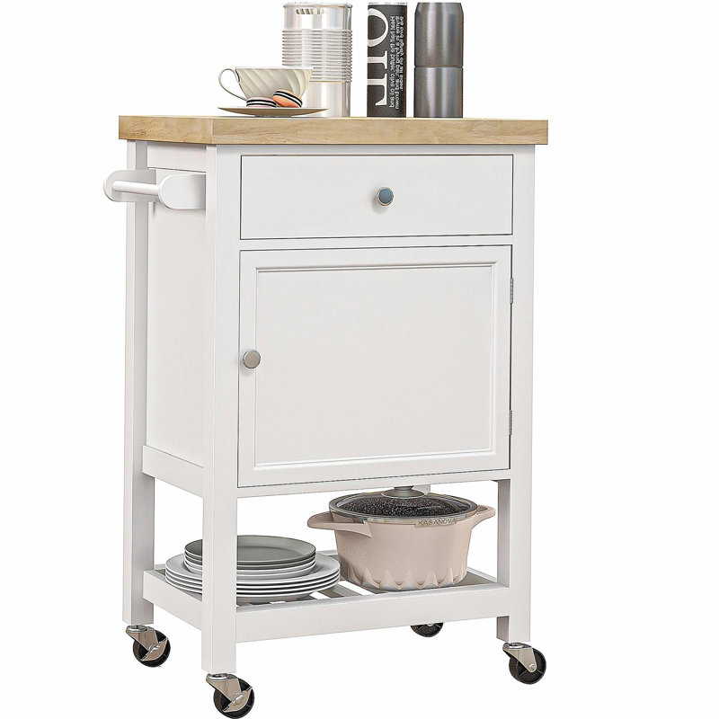 Chariot de cuisine pratique, îlot de cuisine roulant avec plateau en bois d'hévéa lisse, surface de viande étroite sur roulettes, tiroirs de rangement et armoires, blanc