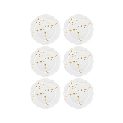 Ensemble d'assiettes à dessert élégantes (6 pièces), blanc et doré, 8,3 x 8,3 x 0,4 pouces | 100% porcelaine, ne va pas au lave-vaisselle ni au micro-ondes | Parfait pour les occasions spéciales, les repas haut de gamme et les invités