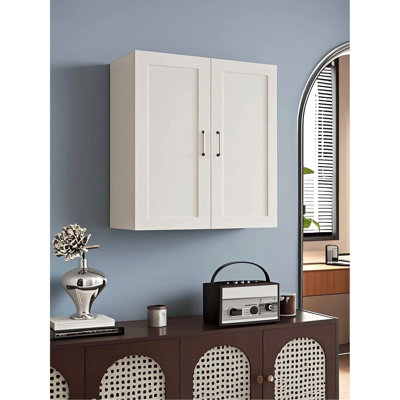 Double Door Wall Cabinet In White Solid Wood For Bathroom Use, Adjustable Shelves, Lacquered Finish, Quiet Closing With Soft Close Hinges Kitchen Laundry Wood, Hinges, Rubber Use