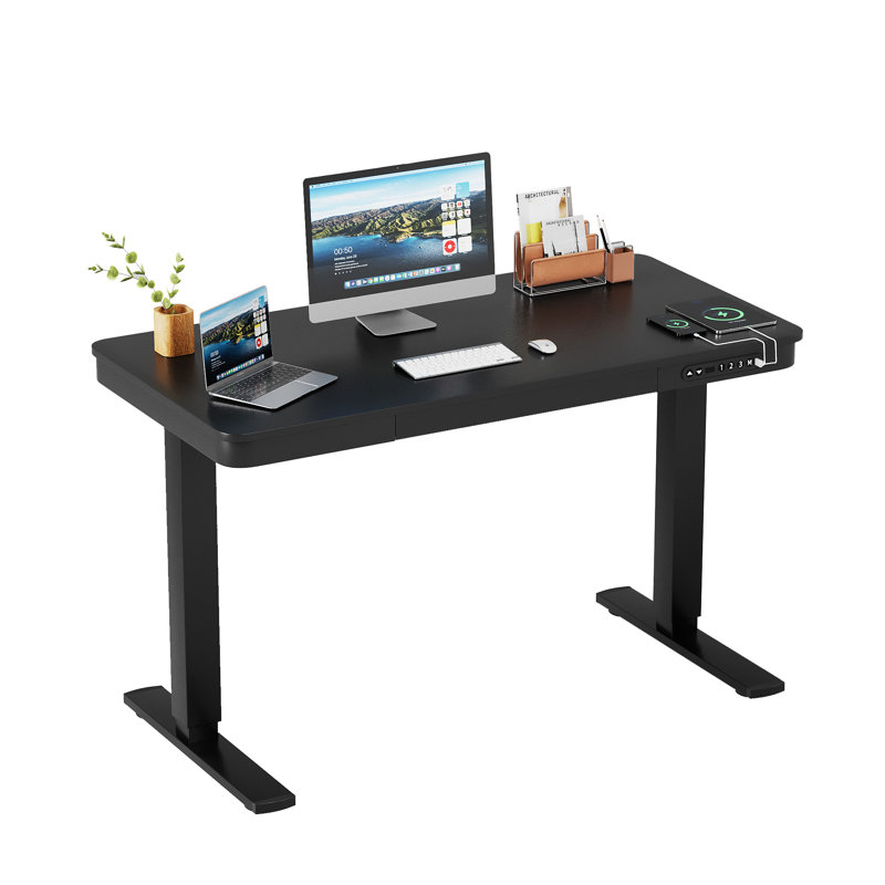 Height Adjustable Rectangle Standing Desk, Computer Desk with Drawer, USB Port and Type-C Port, Black