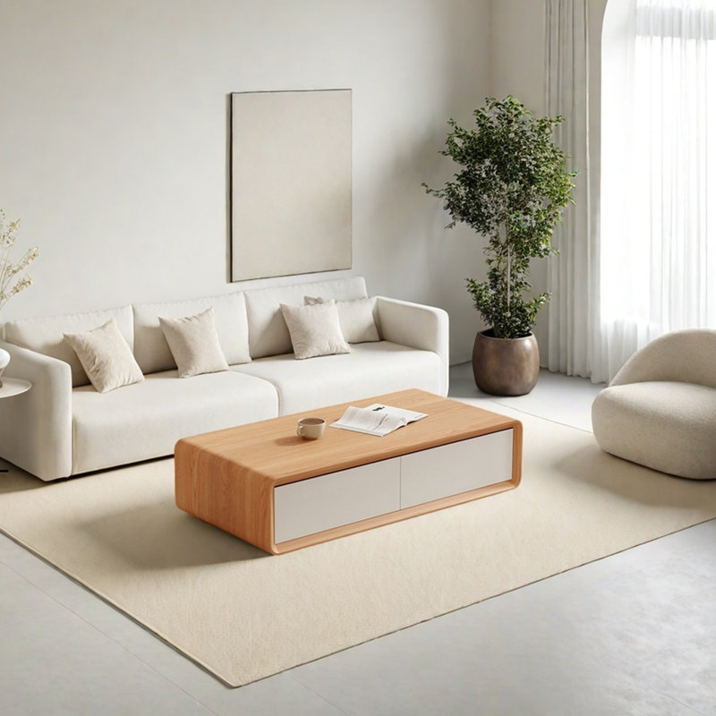 Table basse en hévéa, H 13,78 po x L 47,24 po x l 23,62 po, Burlywood / blanc
