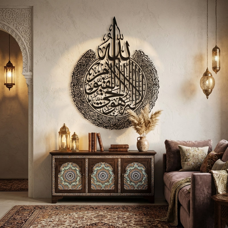 Ayatul Kursi - Art mural en métal, Noir, H 18 po x l 23 po x P 1 po