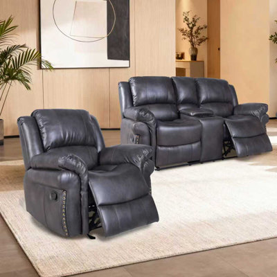 Manual Reclining Sofa Set with Dual Storage Console & Cup Holders, 2-Seater and Single Recliner Faux Leather Couch Set, Grey