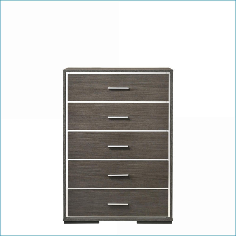 Commodes en chêne gris moderne à 5 tiroirs avec bordure en acrylique | Gris | Chêne