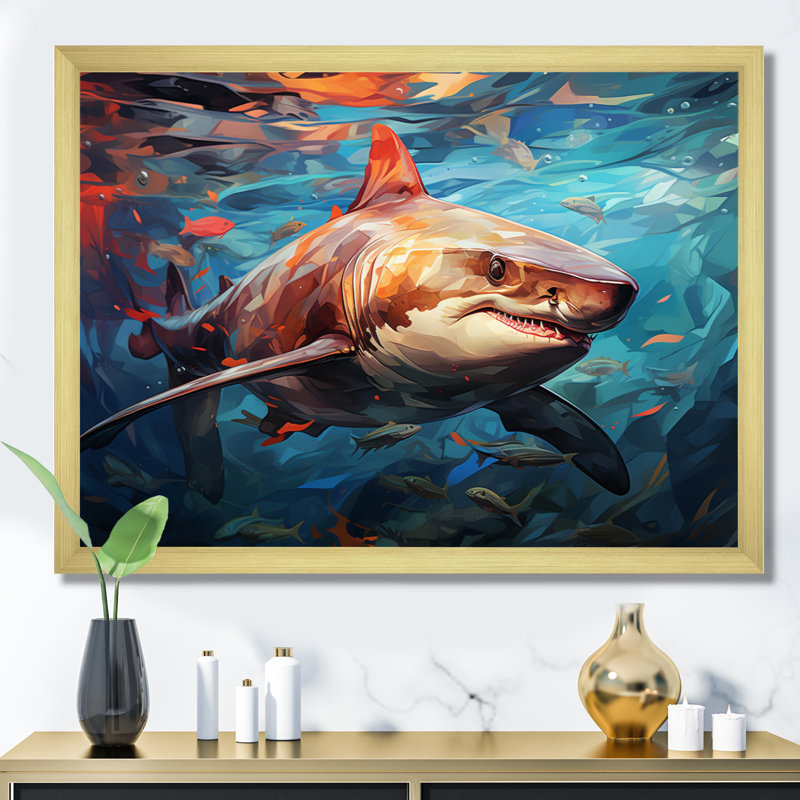Bleu sarcelle, requin, océan, danse, géométrique, H 34 po x l 44 po x P 1,5 po, Cadre doré à une seule photo