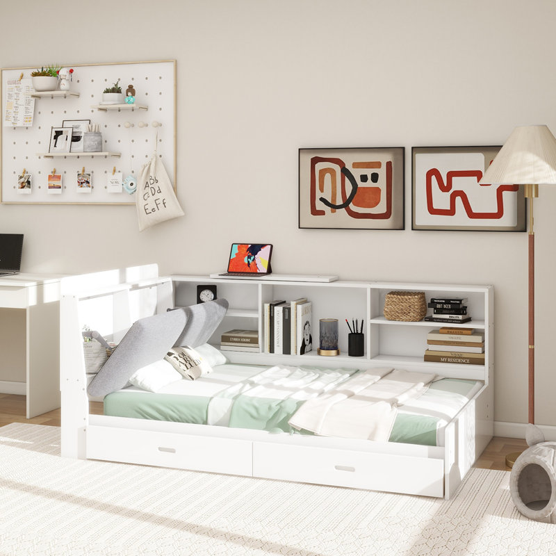 Wood  Platform Bed With Storage Headboard, Shelves And 2 Drawers,, Twin, White