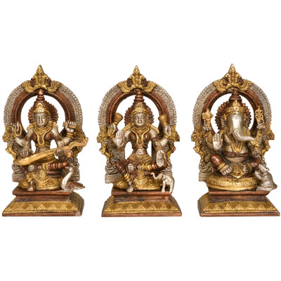 Ensemble de statue de Lakshmi Ganesha Saraswati de 7 po fabriquée à la main en laiton - Collection de sculpture de la Trinité indou