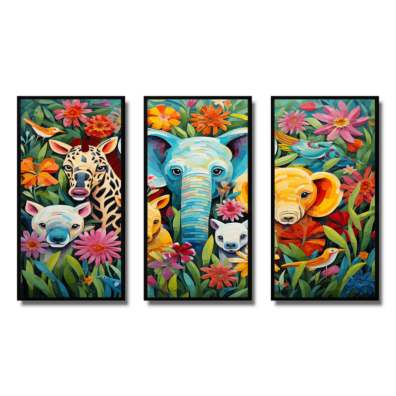 Colorful Colorful Animal Nursery III - Art mural de chambre de bébé, Cadre flottant noir, H 28 po x l 36 po