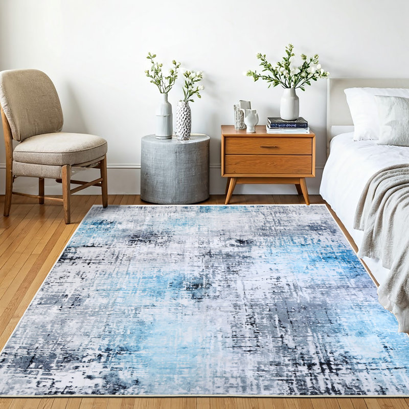 Delara Blue Machine Washable Area Rug – Non-Slip, Stain Resistant, GRS Certified, for Bedroom, Living & Dining