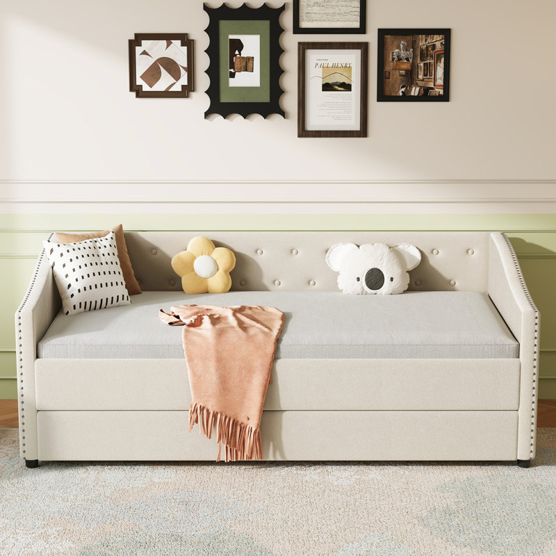 Lit de jour simple avec couchette, siège confortable et lit escamotable, boutons, mains courantes en forme de vague, clous en laiton, coussins à haute densité, structure en bois pour l'espace détente de la chambre à coucher