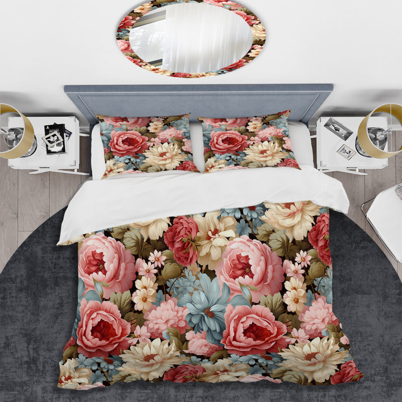 Ensemble de housse de couette à motif floral pastel rose et beige, Housse de couette simple + 1 taie décorative stan