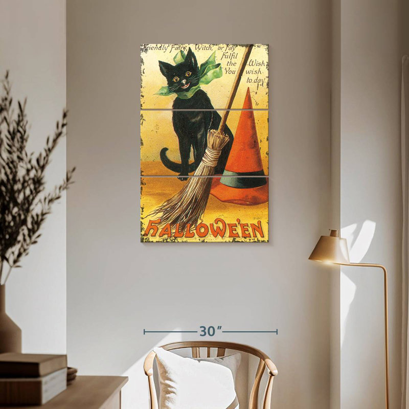Chat nostalgique avec balai Lelend Halloween, H 57 po x l 36 po