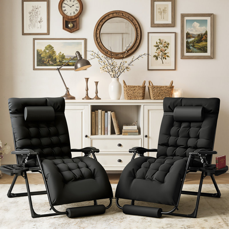 Oversized Zero Gravity Chair with Removable Thick Cushion, Lawn Patio Reclining Chair Upgraded Alloy Lock and Cup Holder, for Indoor Outdoor, Black