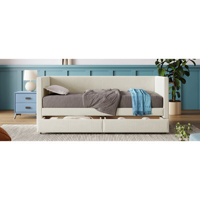 Lit de jour simple avec deux tiroirs et tissu en velours côtelé, structure en lattes de bois, rangement accru, tiroirs sans sommier, base, rangement spacieux pour les objets de la chambre à coucher