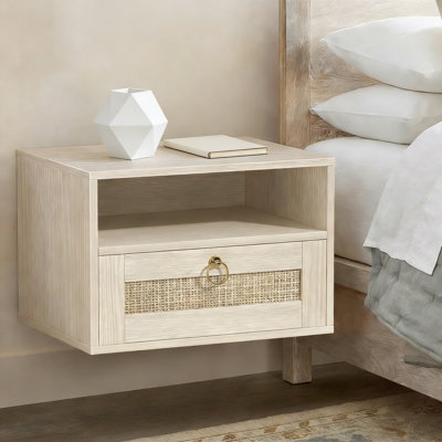 Table de chevet flottante avec tiroir, table de chevet murale en rotin et en bois, table de bout de style maison de campagne de style boho avec tablette pour la chambre à coucher