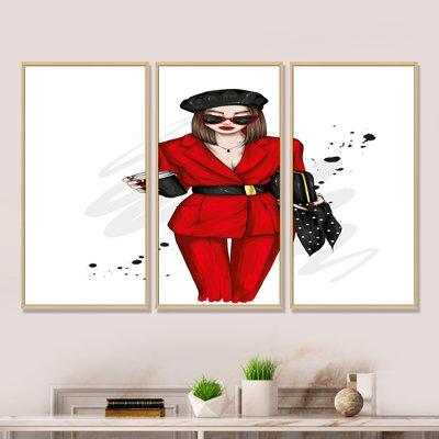 Beautiful and Stylish Girl in Red III - 3 pièces, reproduction sur cadre flottant sur toile