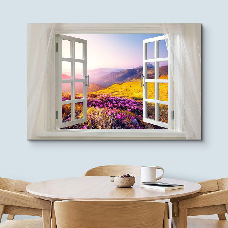 «Glimpse Into Mountain Valley Landscape In Spring Open Window» sur toile, H 32 po x l 48 po