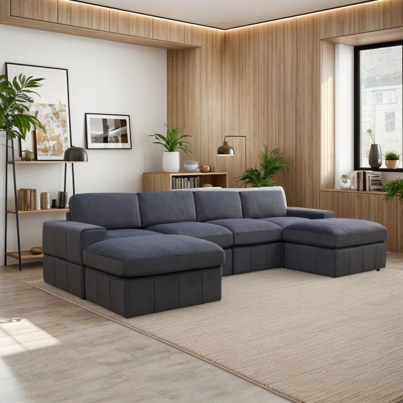 Kynder Microfiber 6-Piece 130"Upholstered Sofa with 2 Ottomans