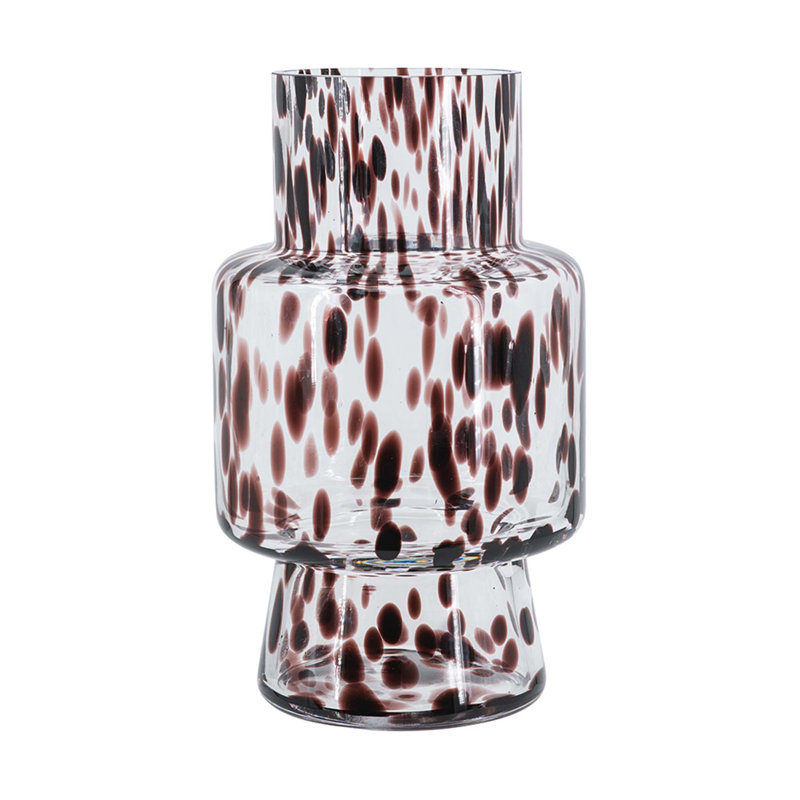 Vase piédestal en verre transparent avec des taches ambrées artistiques, une conception abstraite moderne pour un décor élégant et une présentation polyvalente.